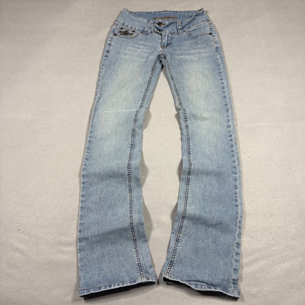 2000s Grunge Low Rise Flare Jeans Light Wash Embroidered Studded Y2K Size 1/2